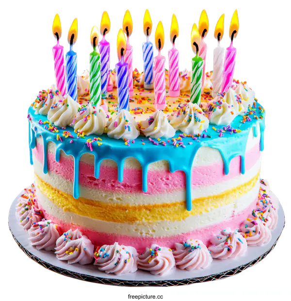 [Transparent Background PNG]Multi-Layered Birthday Cake with Colorful Candles