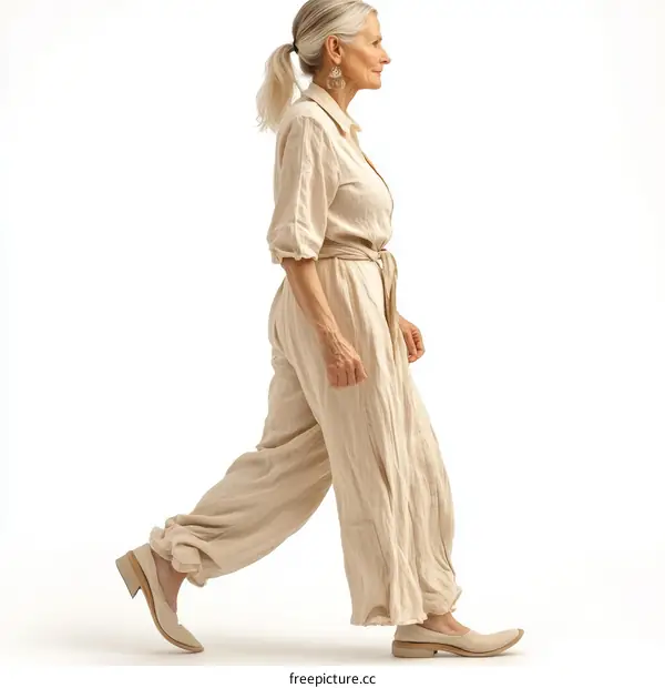 Elegant Woman in Beige Linen Jumpsuit