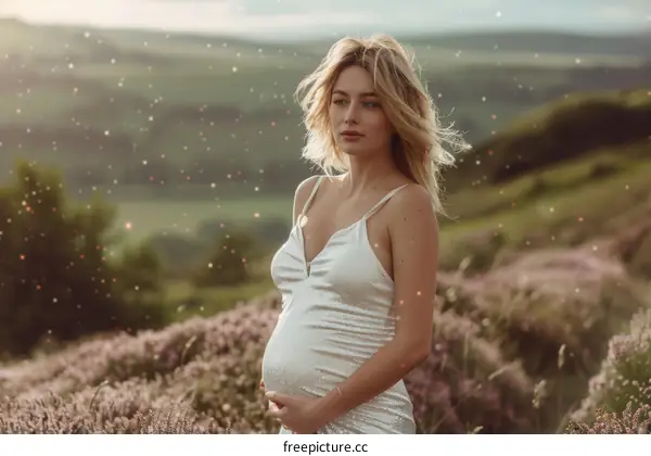 Portrait of a Pregnant Woman in a Field of Lavender