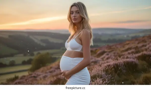 Sunset Portrait of a Pregnant Woman in a Lavender Field