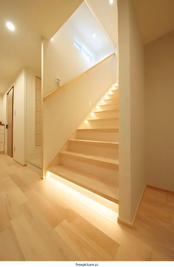 Modern Wooden Staircase With Light Strip In Minimalist Home