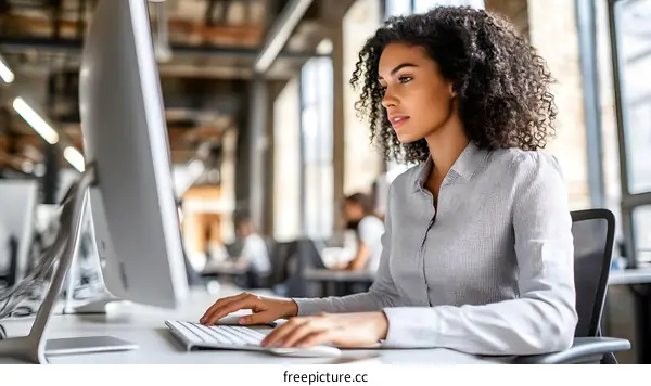 African American Woman Working on Computer in Modern Office