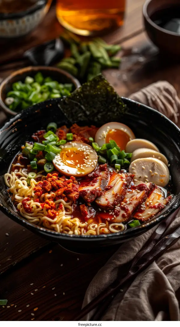 A delicious bowl of ramen with pork, eggs, and vegetables