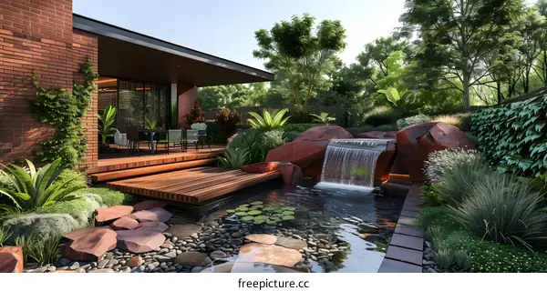 Backyard Garden with Waterfall and Pond