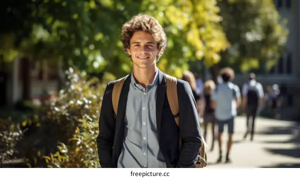 Portrait of a smiling young male college student with a backpack on his shoulders standing on a college campus