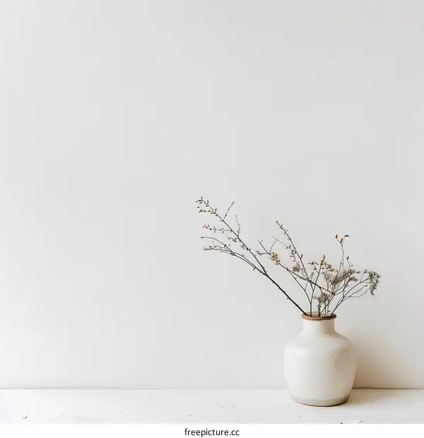 Simple Dried Flower Arrangement in a White Vase Against White Wall