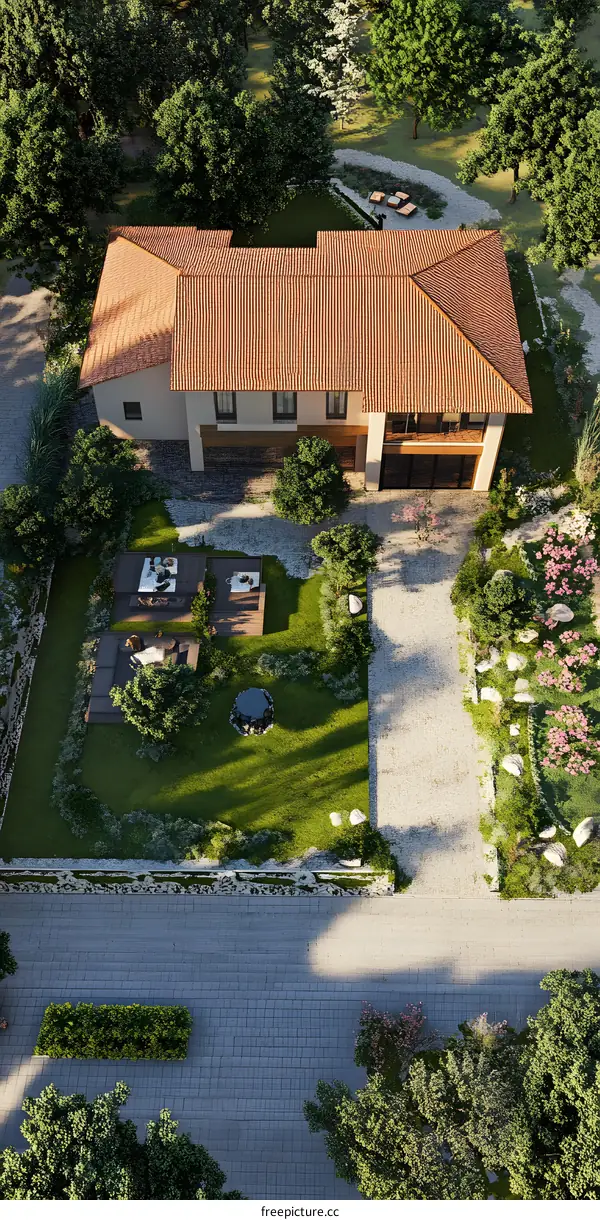 Aerial View of a House with a Lush Garden