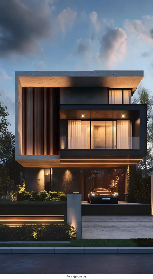 Modern House with Wooden Accents and a Car in the Driveway