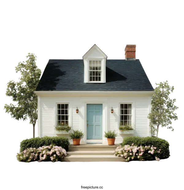 [Transparent Background PNG]Charming White House with Light Teal Door