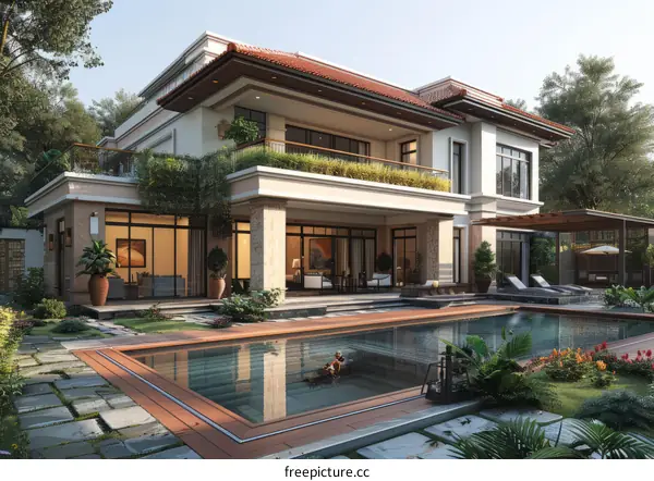 A Luxurious Villa with a Pool and Stunning Garden