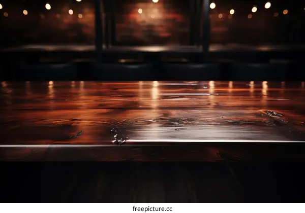 Close-up of an empty wooden table with a blurred background of a restaurant
