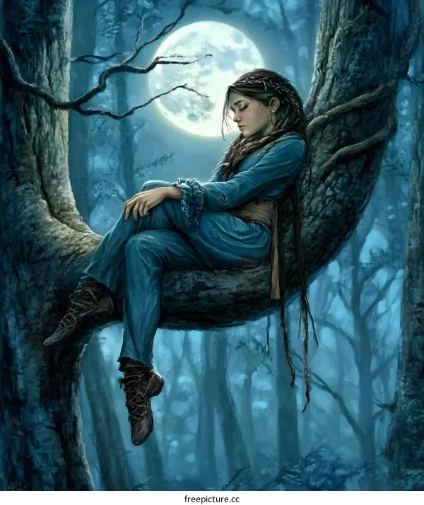 Young Woman Sleeping in a Tree Branch