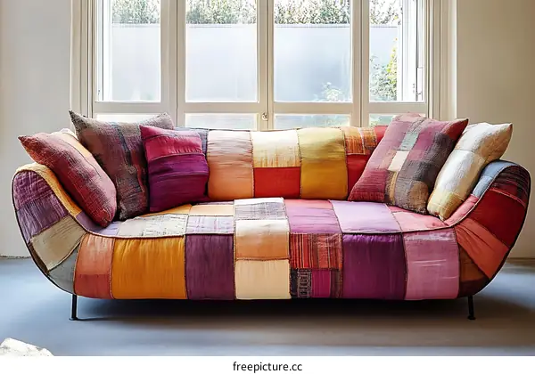 Colorful Patchwork Sofa with Cushions by the Window