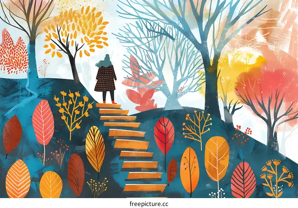 Woman in Forest with Colorful Fall Foliage Illustration