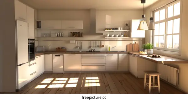 Modern Kitchen Design with White Cabinets and Wooden Floor