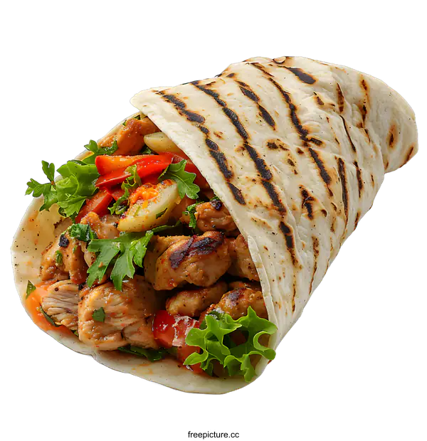 [Transparent Background PNG]A delicious and healthy Mediterranean wrap with grilled chicken, fresh vegetables, and hummus.