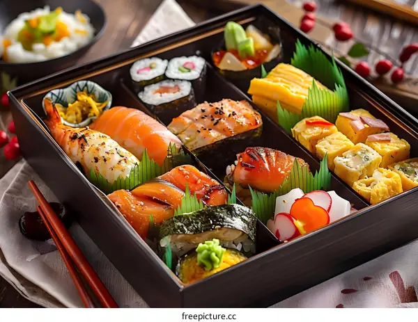 Japanese Cuisine Bento Box with Variety of Sushi Rolls and Nigiri