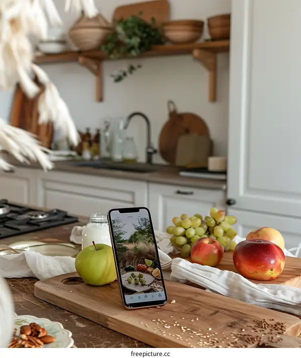 Cellphone with a Photo of a Green Field and Food