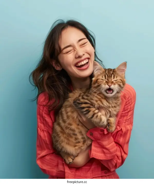 Laughing woman hugging a cat