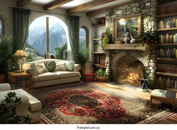 A cozy living room with a fireplace and a view of the mountains