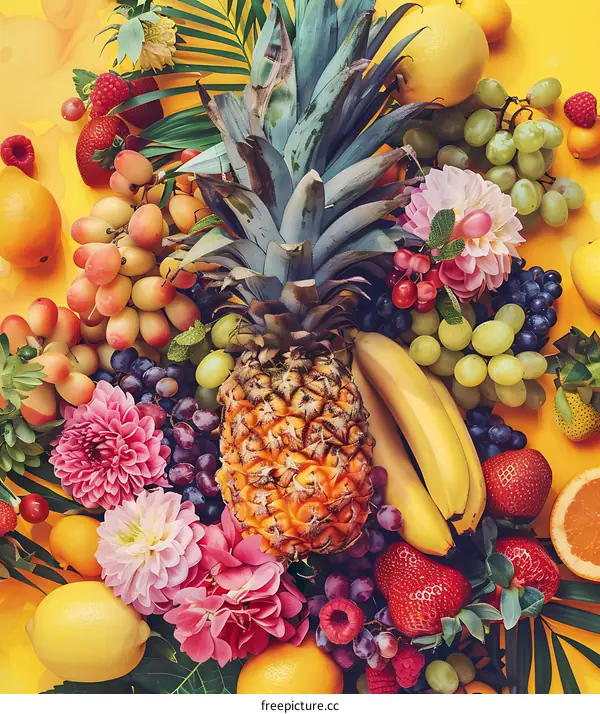 Colorful Tropical Fruit and Flowers on Yellow Background