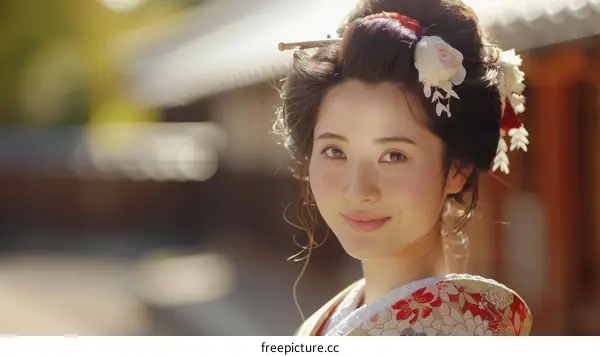 Portrait of a beautiful Japanese woman in traditional kimono