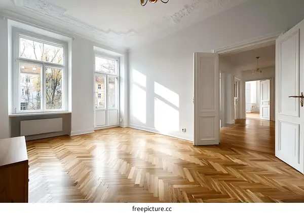 Spacious Empty Room with Herringbone Wood Flooring