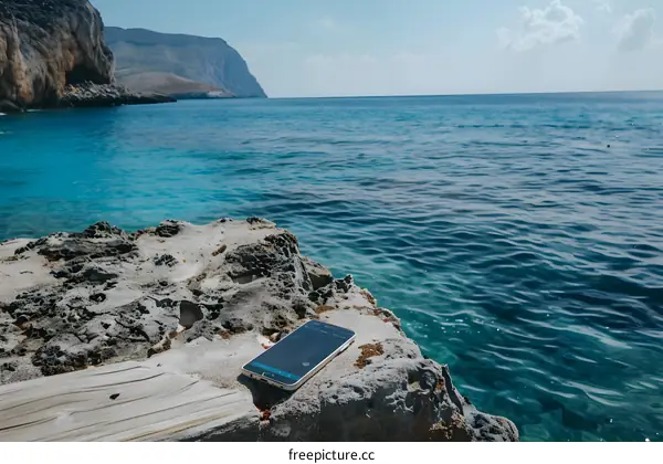 Smartphone on Cliff Overlooking the Sea