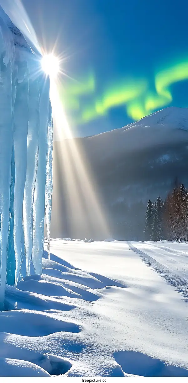 Winter Landscape with Sun Rays and Icicles