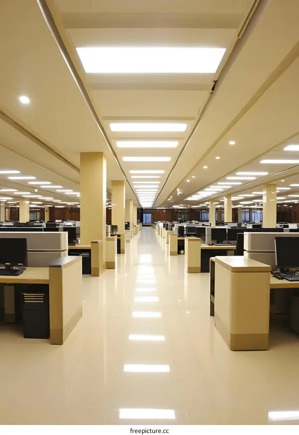 Modern Office Interior Design With Long Corridor And Desks