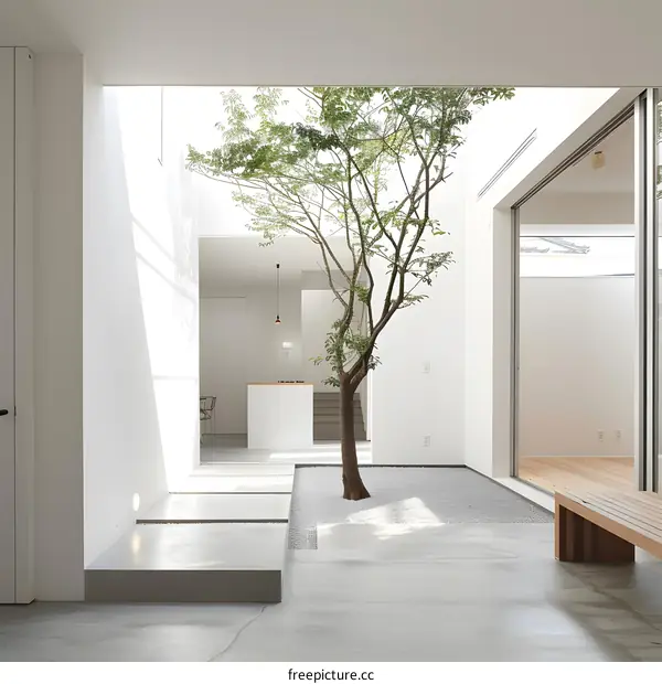 Minimalist Interior Design with a Small Tree in the Center