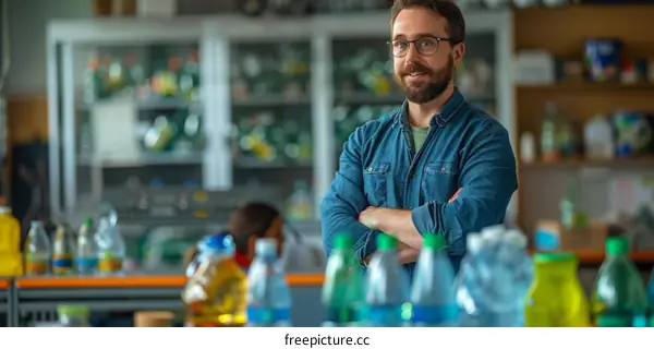 Male teacher standing in a classroom with a group of children in the background