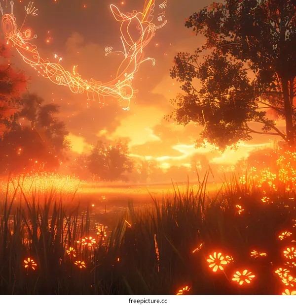 Fantasy landscape with glowing plants and flowers