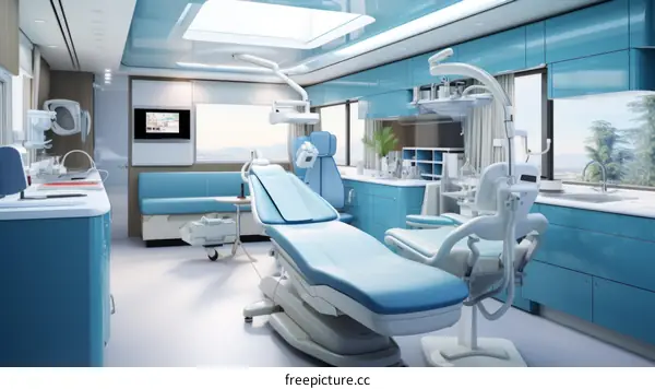 The interior of a futuristic dental clinic with a blue theme