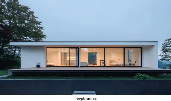 Modern Minimalist House with Large Windows and Wooden Deck