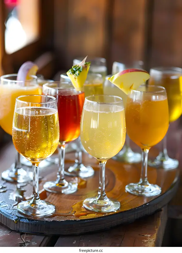 Various Flavored Beverages in Glasses on Wooden Tray