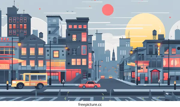 Cityscape Illustration With Buildings And Cars