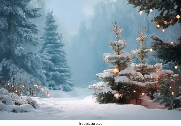 Snowy Christmas Forest Scene with Lights