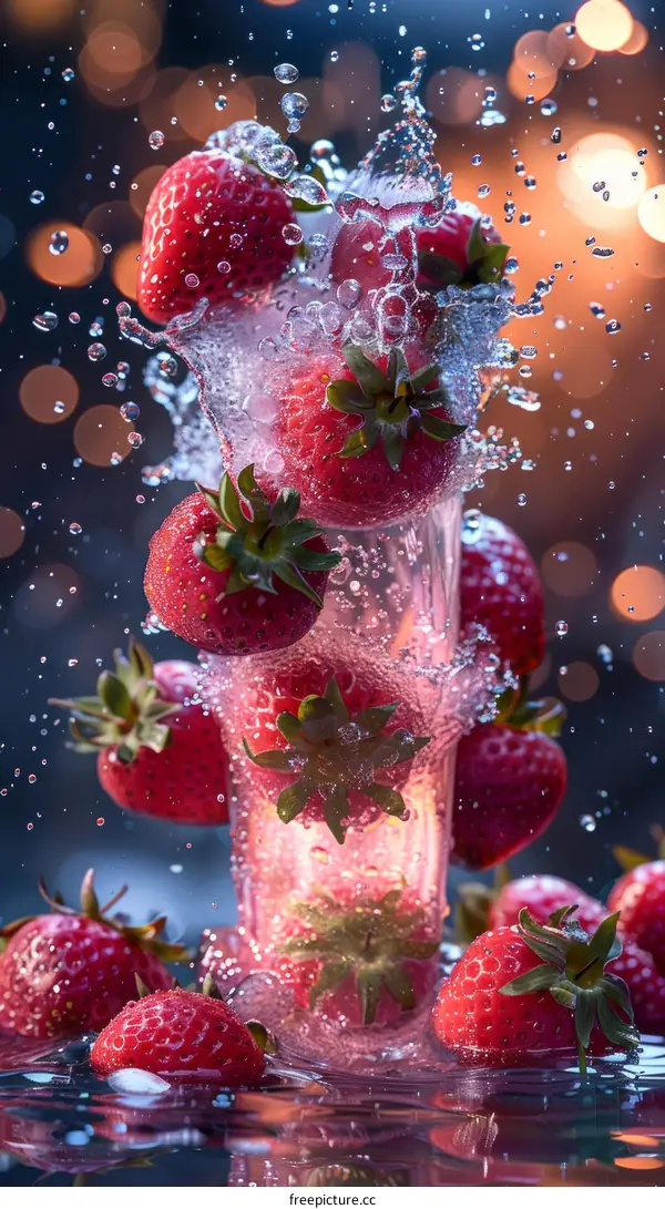 Strawberries in mid-air above a glass with water
