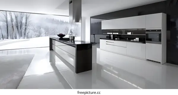 Modern White Kitchen With Black Countertop And Window View Of Snowy Forest