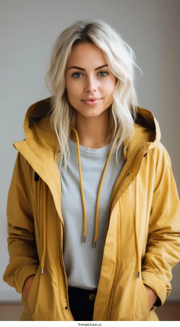 Portrait of a young woman with blonde hair and blue eyes wearing a yellow jacket