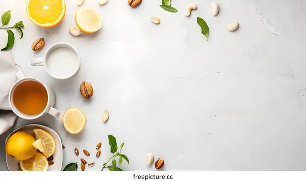 Healthy Breakfast Food Composition With Lemon Cashew And Green Leaves