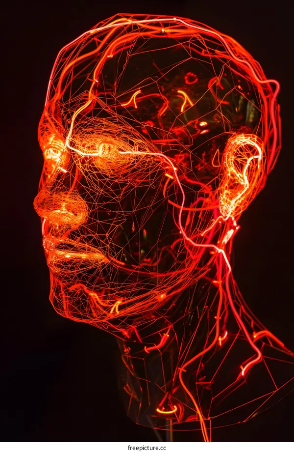 Red Neon Light Sculpture of a Human Head