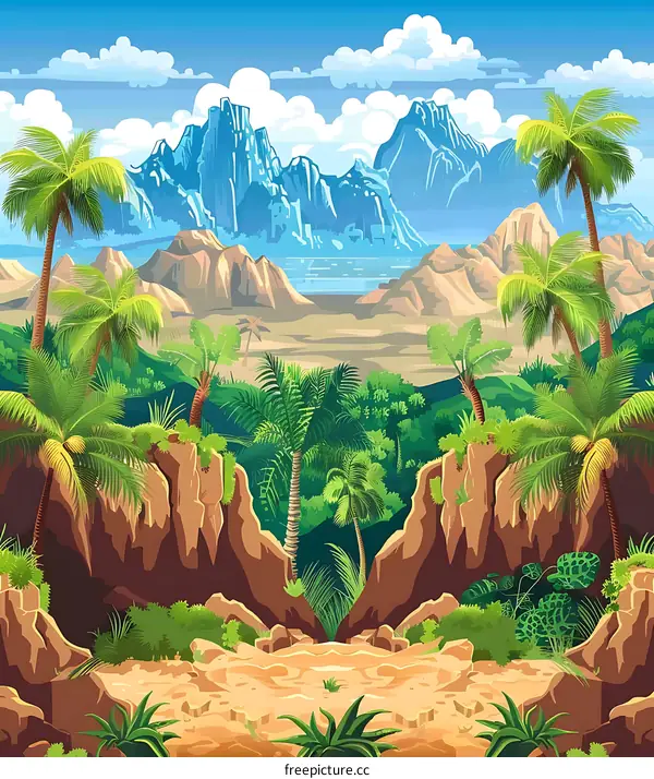 Tropical Landscape with Palm Trees and Mountains