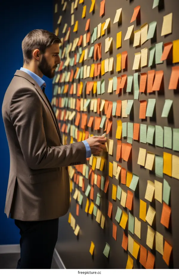 A man in a suit looking at a wall of sticky notes