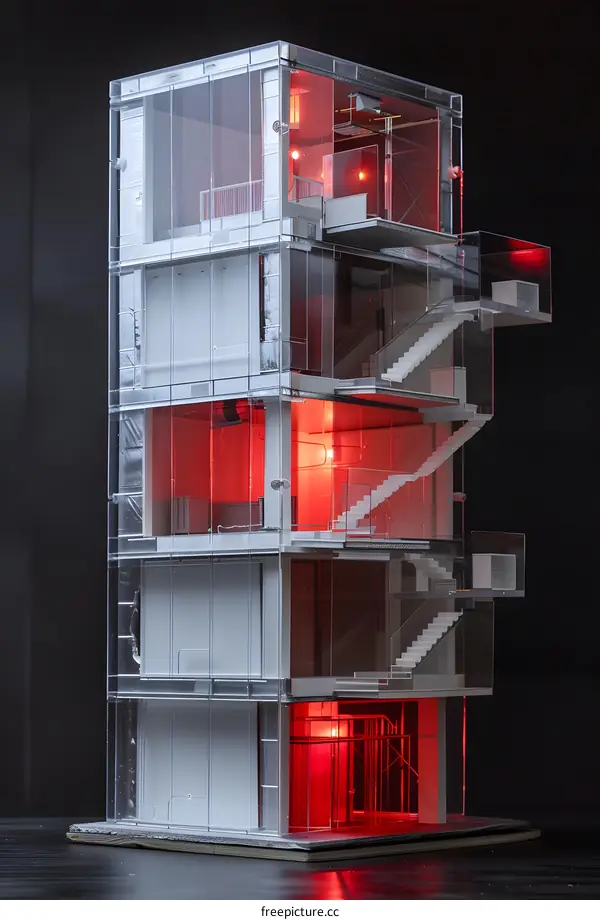Clear Acrylic Architectural Model of Modern Building with Red Interior Lighting