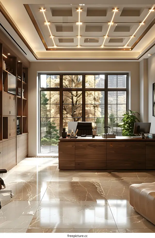 Luxury office interior with large windows and marble floor
