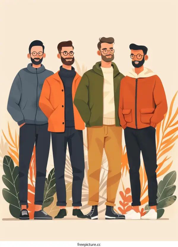 Four men with different clothing styles