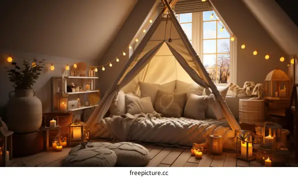 Cozy bedroom with a teepee bed for kids
