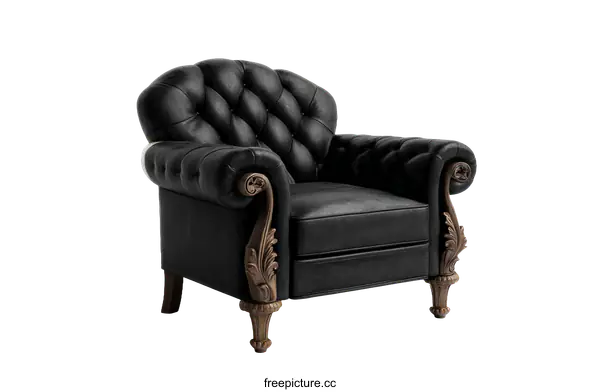 [Transparent Background PNG]Classic Black Leather Armchair with Ornate Carving